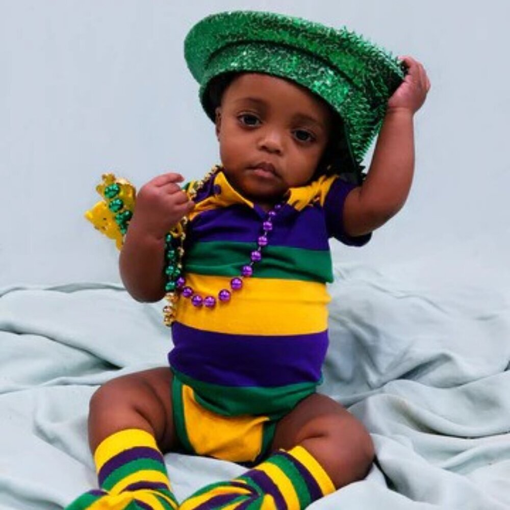 Mardi Gras Infant Baby Toddler Purple Green Gold Rugby Romper Bodysuit W/Stripes